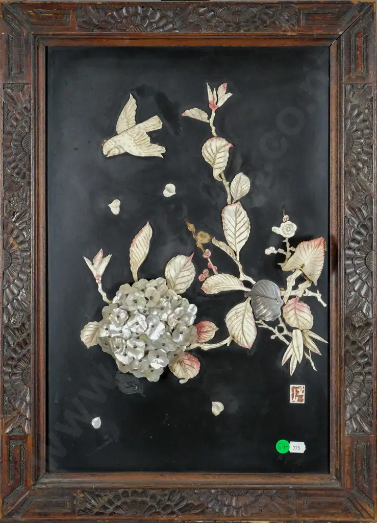 ornately framed mother of pearl and composite wall art - some leaves missing H-440 W-290 Image 1++