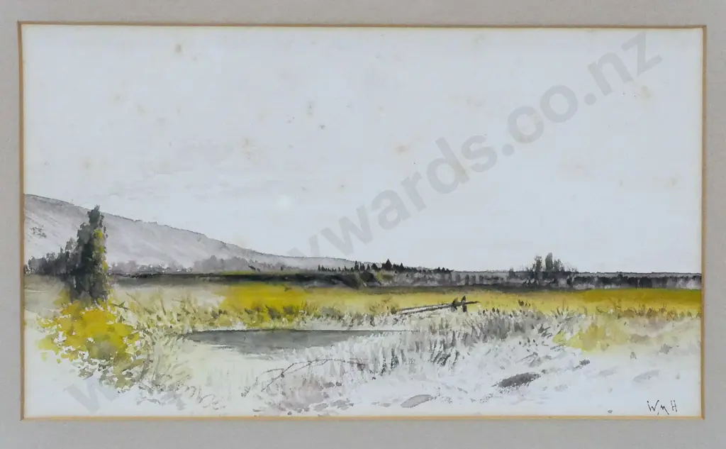 WMH (WM Hodgkins attrib) - framed watercolour - landscape (extensive foxing) H-150 W-250 Image 1++