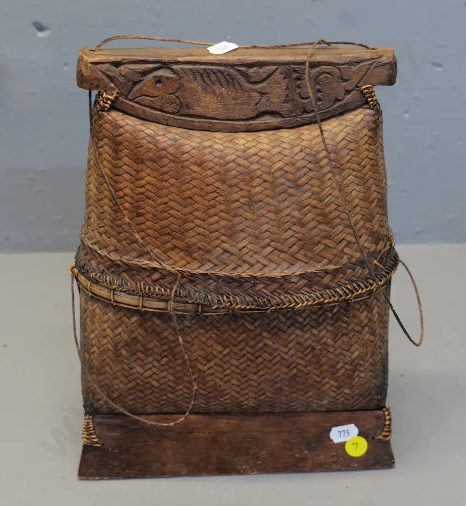 asian woven grass and timber (betel nut?) lidded container - H280 W-200 D-80 Image 1++