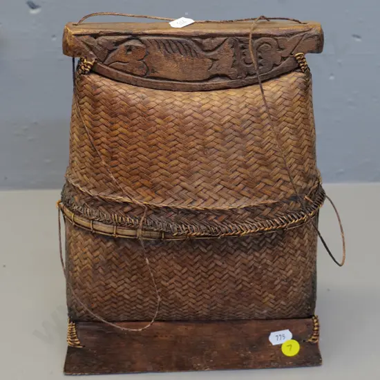 asian woven grass and timber (betel nut?) lidded container - H280 W-200 D-80