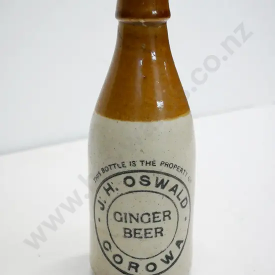 Ginger beer, cork stopper, J. H Oswald, Corowa, condition poor, hairline crack, chip to top,