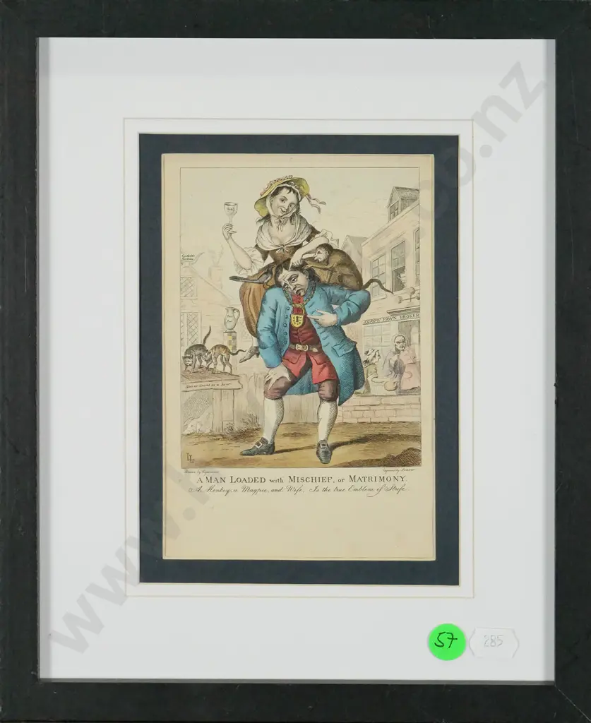 framed handcoloured engraving "A Man Loaded with Mischief or Matrimony" H-150 W-90 Image 1++