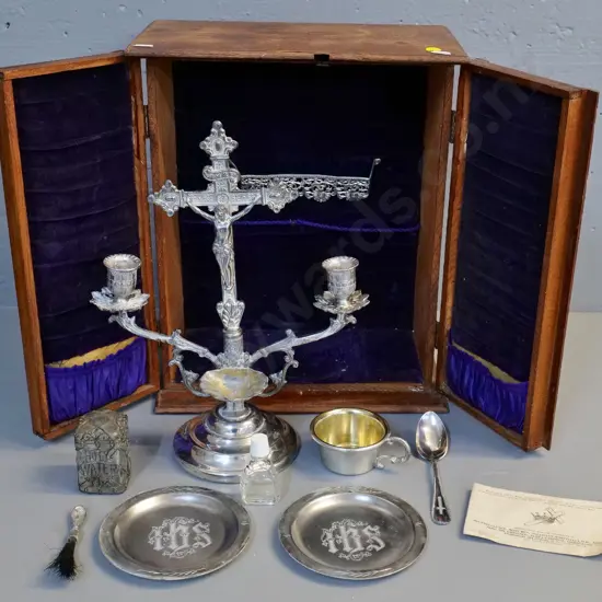 vintage oak cased travelling communion set - made by Anchor Silver Plate Co, Muncie, Indiana H370 W305 D170