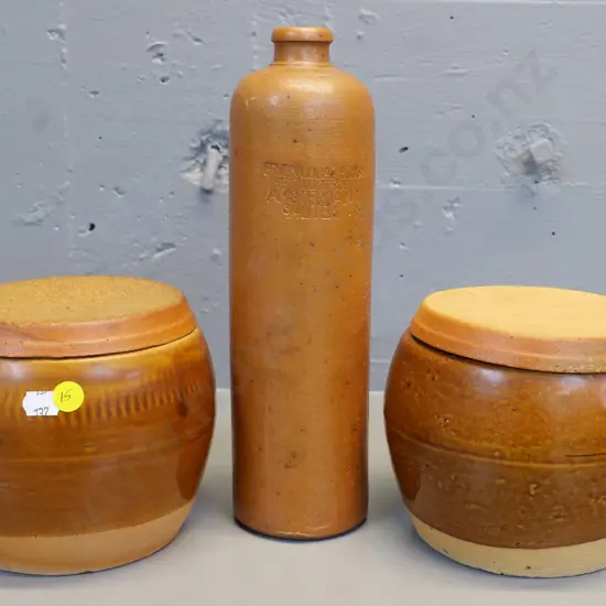 2 vintage Chinese ginger jars and a Bols stoneware gin bottle