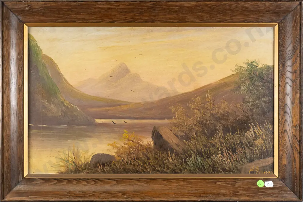 illegible signature - framed colonial oil - lake and mountain scene H-300 W-500 Image 1++