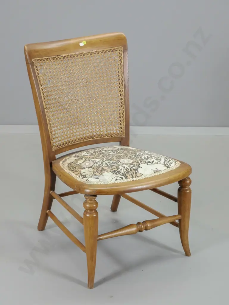 vintage timber framed nursing or bedroom chair w/William Morris linen, some wear, small flaw to cane H740 W430 D460 Image 1++