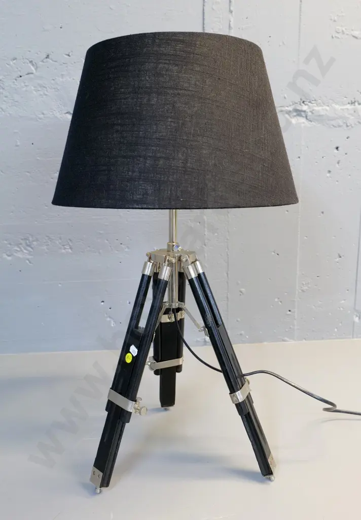 table lamp with adjustable wood and chrome base in style of vintage tripod - some wear and corrosion - H-560 Shade D-370 Image 1++