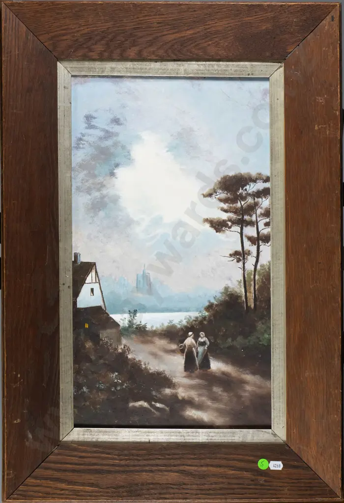 framed oil - woman with baskets chatting H-450 W-260 Image 1++