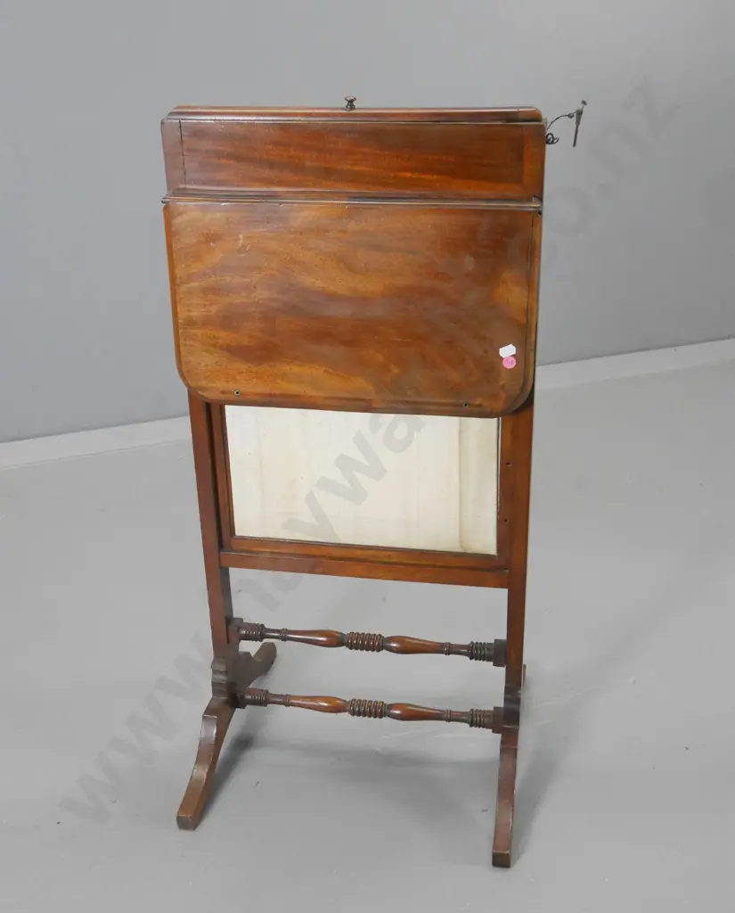 antique walnut portable confessional w/sliding fabric screen, drop-leaf shelf, has had rail or fittings H860 W-410 D-450 Image 1++