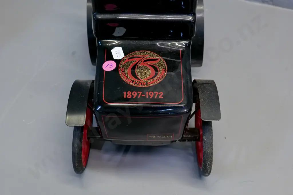 Jim Beam decanter - vintage early Oldsmobile w/ 1897-1972 anniversary markings - empty, some parts loose Image 1++