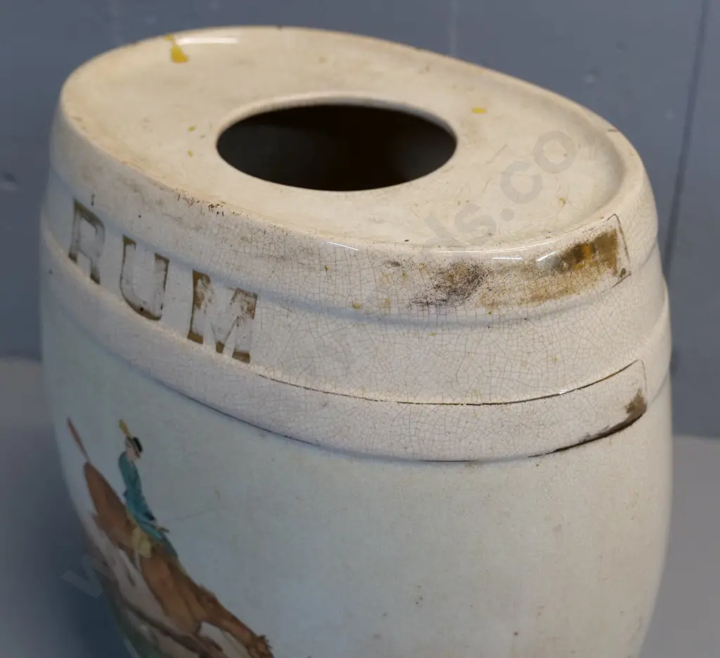 English pictorial rum dispenser - no spigot - crazing, repairs  and wear H-330 W-320 Image 1++