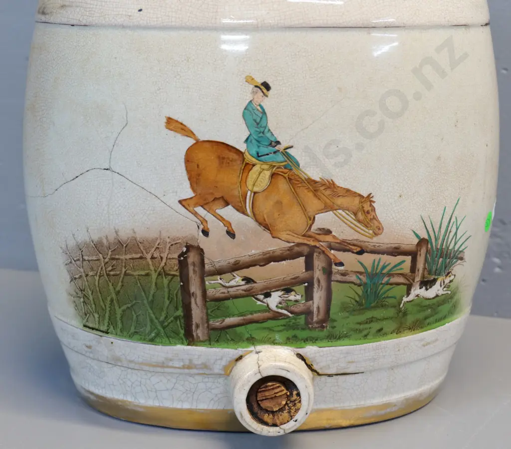 English pictorial rum dispenser - no spigot - crazing, repairs  and wear H-330 W-320 Image 1++