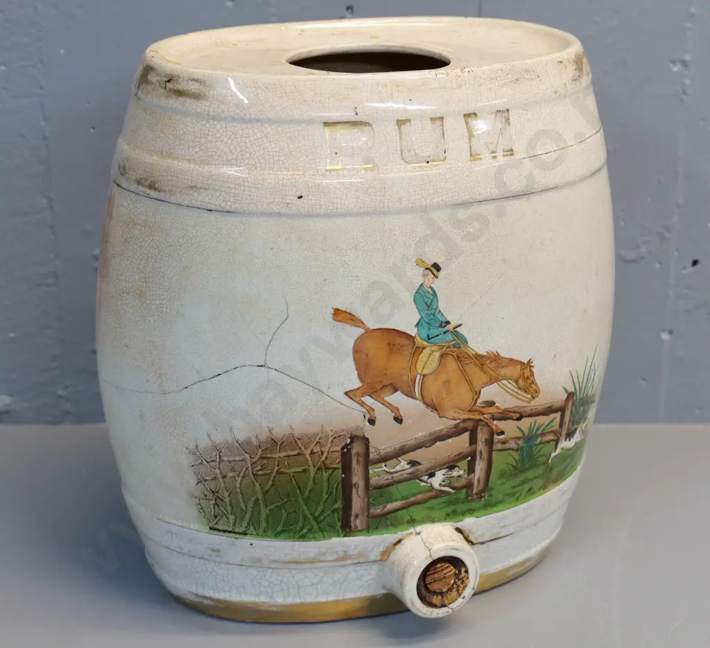 English pictorial rum dispenser - no spigot - crazing, repairs  and wear H-330 W-320 Image 1++