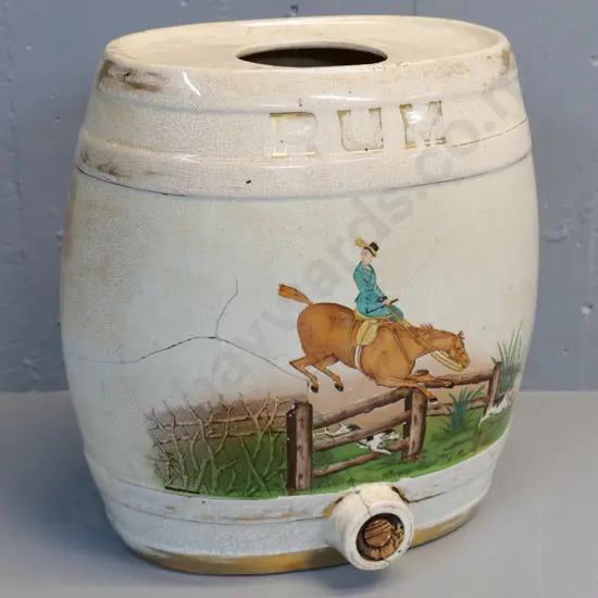 English pictorial rum dispenser - no spigot - crazing, repairs  and wear H-330 W-320