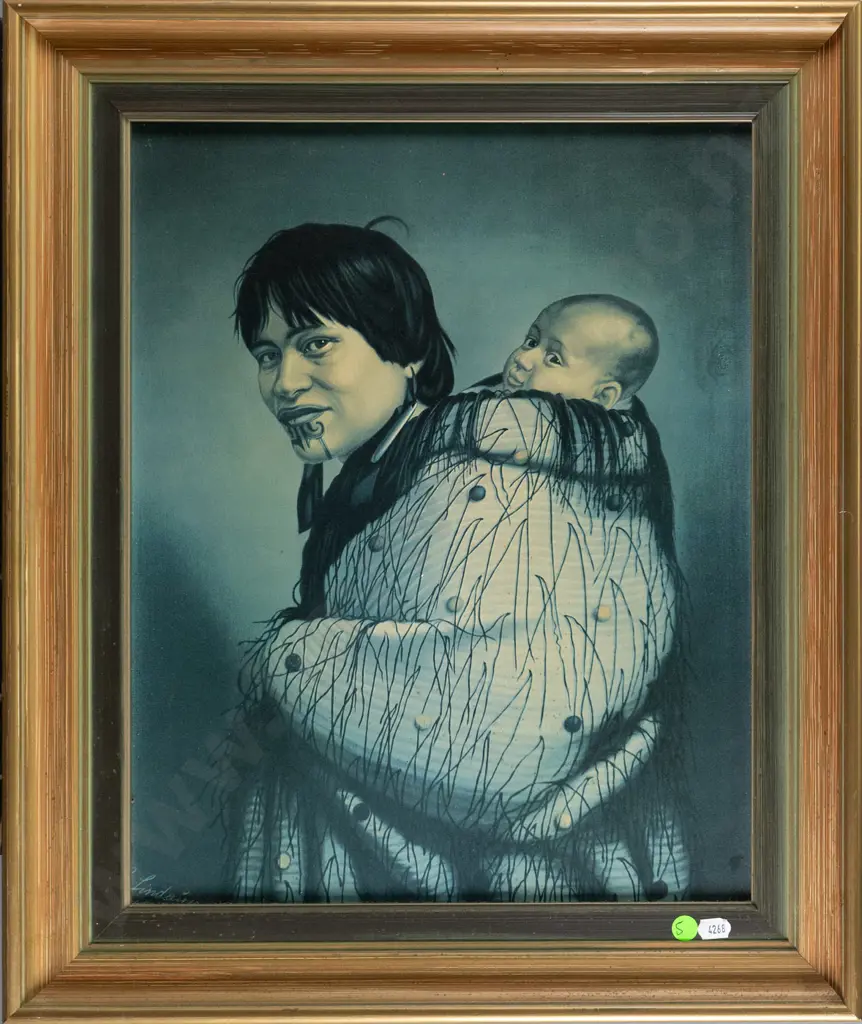 framed Lindauer print - mother and baby (faded) H-420 W-340 Image 1++