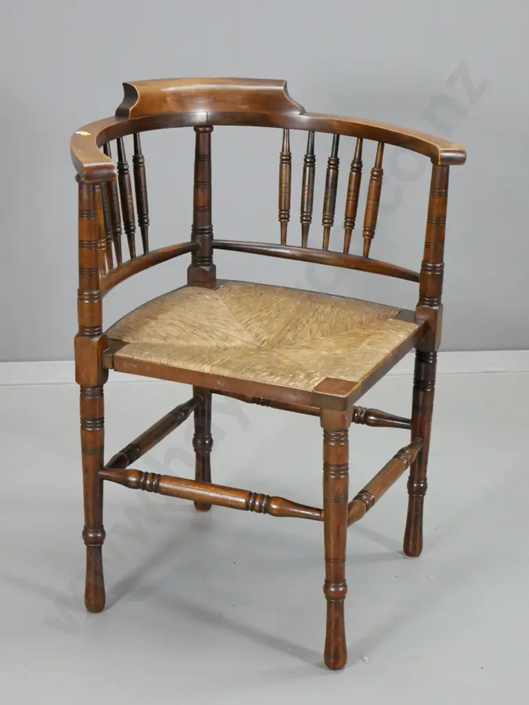vintage mahogany corner chair with spindle back, woven seagrass seat H750 W580 D590 Image 1++