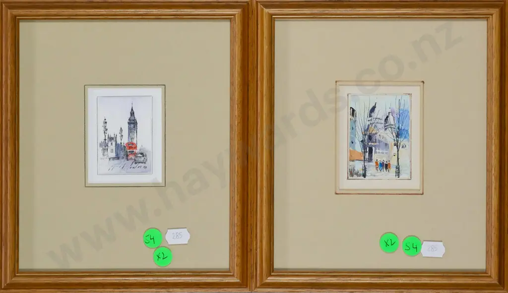 2x small framed watercolours - city scene H-60 W-450 Image 1++