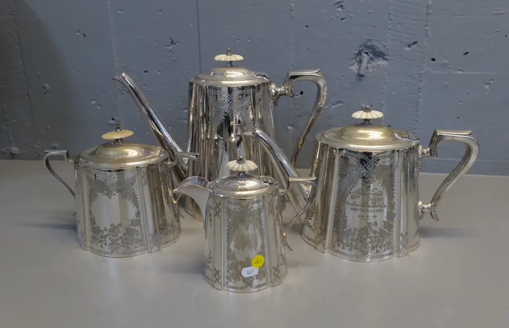 4-piece English plated tea set with bone knobs, one replaced with mother-of-pearl. Coffee pot is H-250 Image 1++