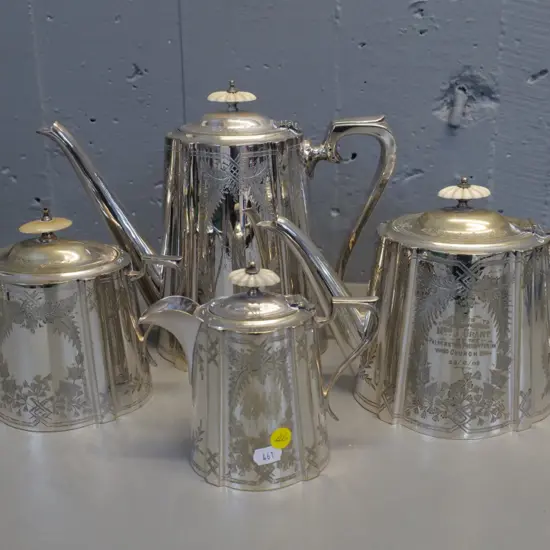 4-piece English plated tea set with bone knobs, one replaced with mother-of-pearl. Coffee pot is H-250