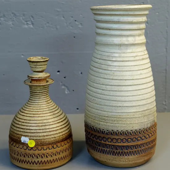 2 Broadstairs Pottery items - vase H-305 (chip inside rim) and stoppered bottle