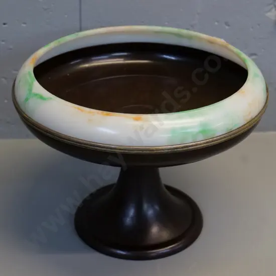 vintage brown and marbled bakelite comport dish with metal banding H200 D260