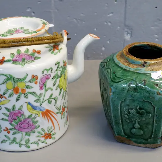 antique hexagonal ginger jar, no lid, and a Chinese rose-famille teapot with wire handle H170 L200
