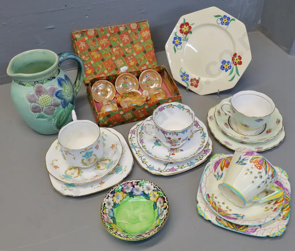 assorted English china including 3 Royal Albert trios, Maling pin dish, Bretby vase, boxed asian child's tea set etc. Image 1++