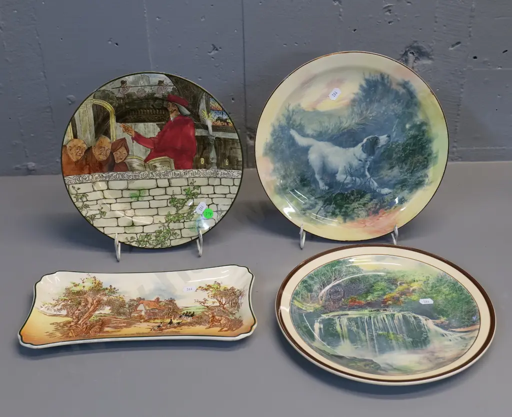 Royal Doulton items - 3 cabinet plates incl. Jackdaw of Rheims and spaniel dog, and a Rustic England sandwich tray Image 1++
