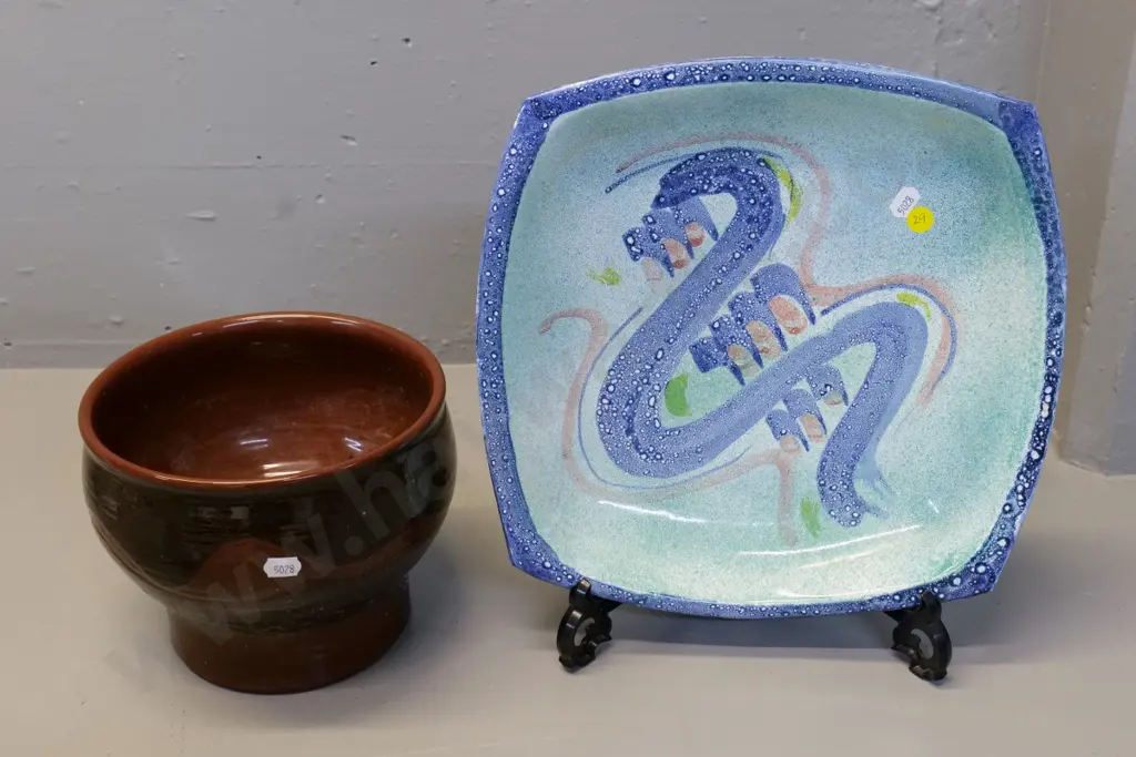 large studio pottery 4-footed dish 300x300, no maker's mark, and a brown jardininere, unknown mark Image 1++