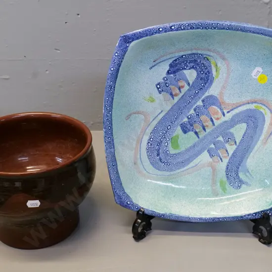 large studio pottery 4-footed dish 300x300, no maker's mark, and a brown jardininere, unknown mark