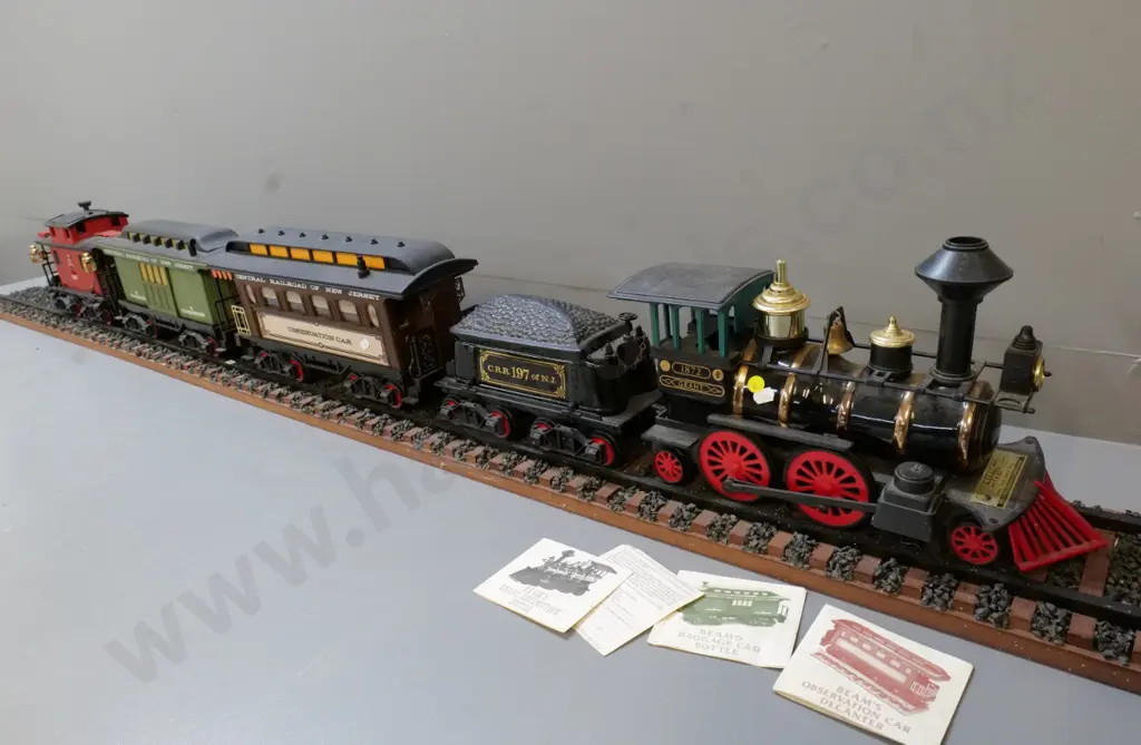 5-piece Jim Beam train decanter set & wood-based display track L-2240 Guard's van is sealed, some w/partial contents Image 1++