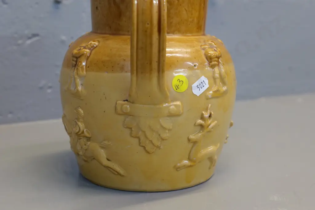 two-tone beer jug with raised figures H-200 - no maker's mark, small chips around rim Image 1++