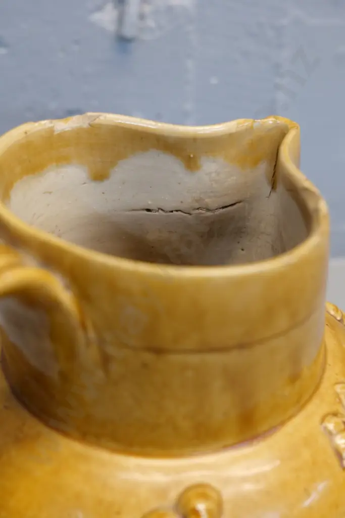 two-tone beer jug with raised figures H-200 - no maker's mark, small chips around rim Image 1++