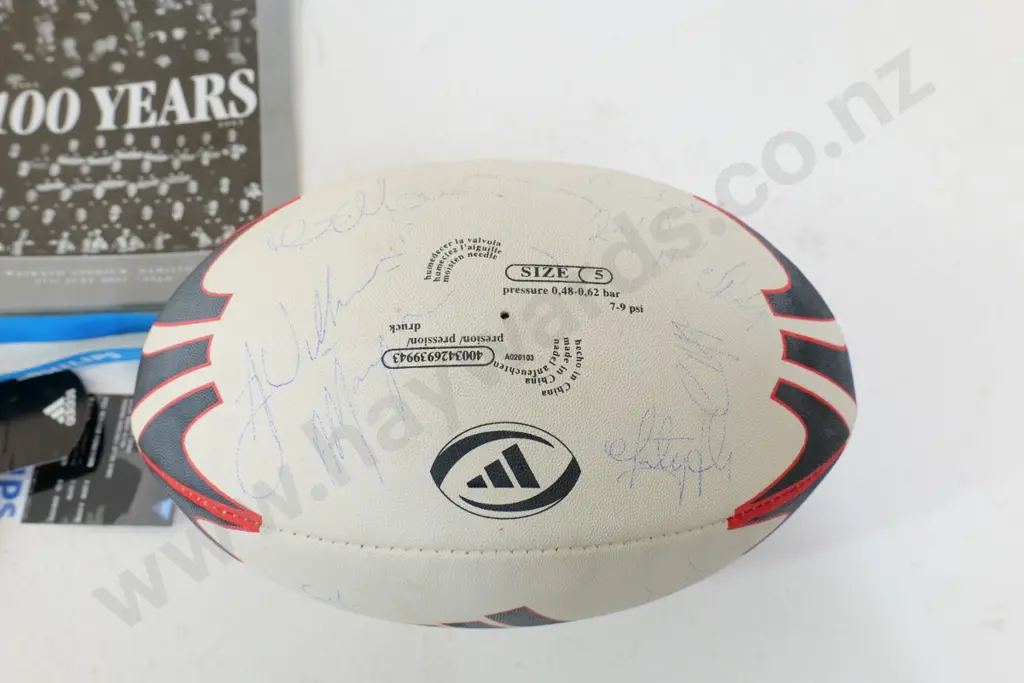 sports memorabilia - signed rugby ball, 2003 All Blacks vs Wales program & ticket, hat, scarf, lanyard Image 1++