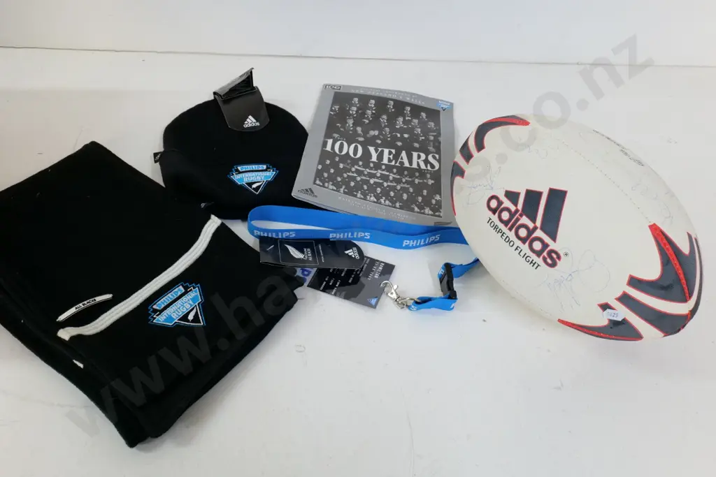 sports memorabilia - signed rugby ball, 2003 All Blacks vs Wales program & ticket, hat, scarf, lanyard Image 1++