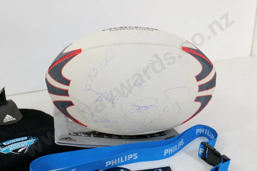 sports memorabilia - signed rugby ball, 2003 All Blacks vs Wales program & ticket, hat, scarf, lanyard Image 1++