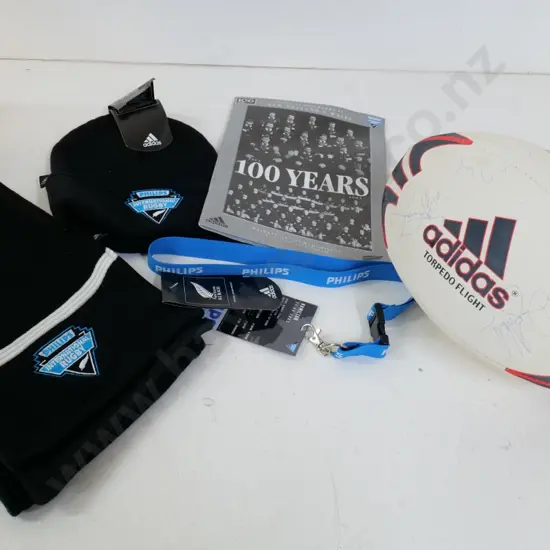 sports memorabilia - signed rugby ball, 2003 All Blacks vs Wales program & ticket, hat, scarf, lanyard