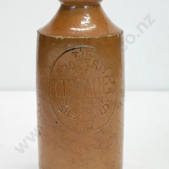 Dumpy ginger beer bottle, R. Thwaites, London, Sheffield Est 1799, condition very good, H-170
