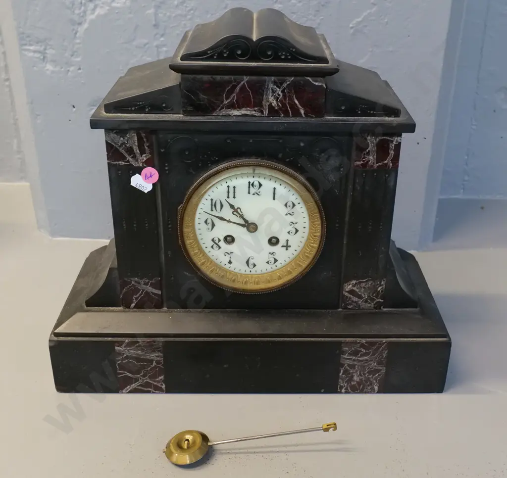 black marble cased mantel clock with pendulum, no maker's mark on movement H310 W350 D150 Image 1++