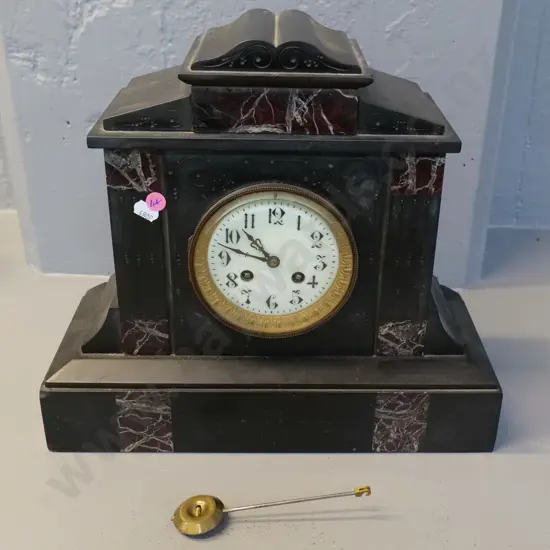 black marble cased mantel clock with pendulum, no maker's mark on movement H310 W350 D150