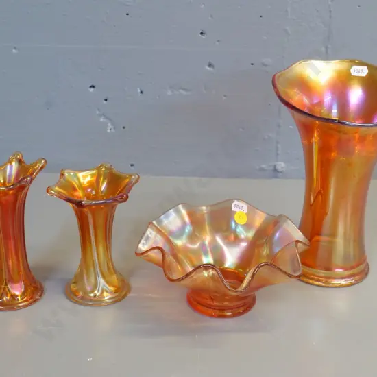 4 pieces marigold carnival glass - 3 vases and a frilled bowl, largest vase is H-190