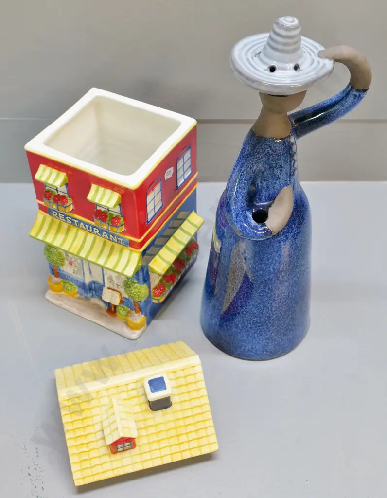 Swedish figure/vase H-380 marked JIE Sweden / Elsi Bourelius design & a restaurant themed cookie jar Image 1++