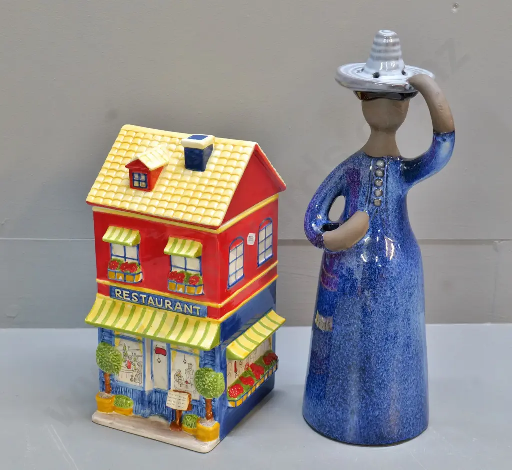 Swedish figure/vase H-380 marked JIE Sweden / Elsi Bourelius design & a restaurant themed cookie jar Image 1++