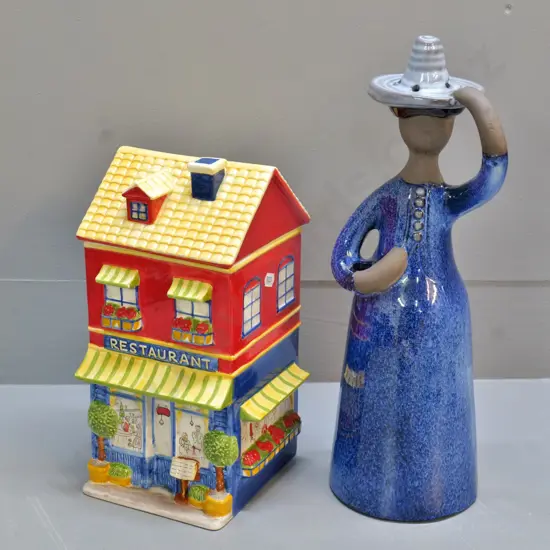 Swedish figure/vase H-380 marked JIE Sweden / Elsi Bourelius design & a restaurant themed cookie jar