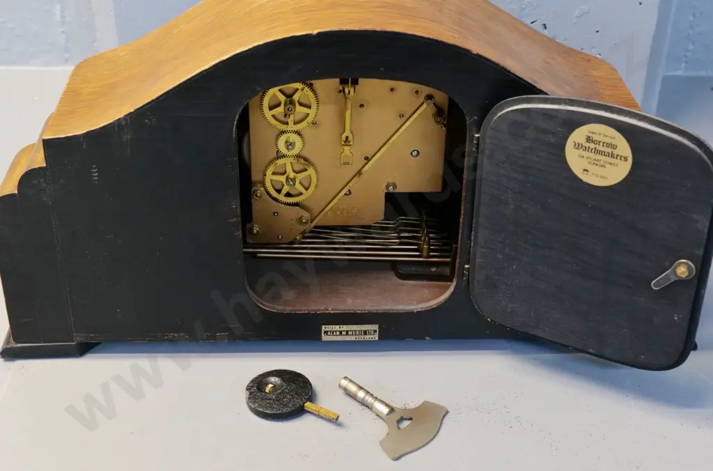 deco wood-cased Enfield English chiming mantel clock with key -  polish needs attention H240 W480 Image 1++