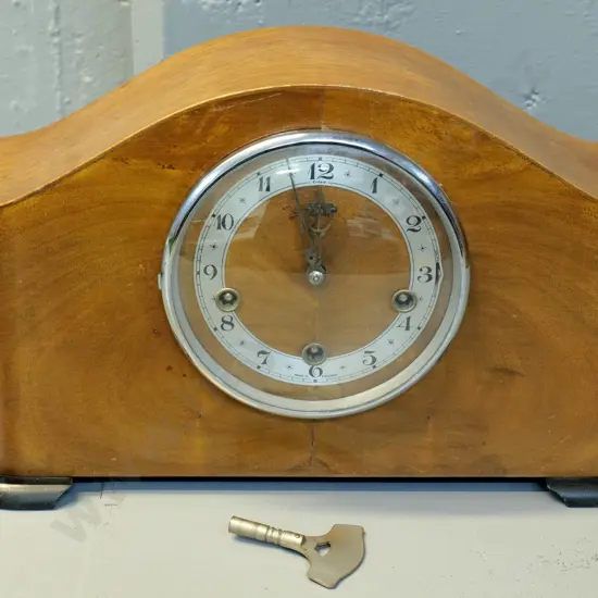 deco wood-cased Enfield English chiming mantel clock with key -  polish needs attention H240 W480