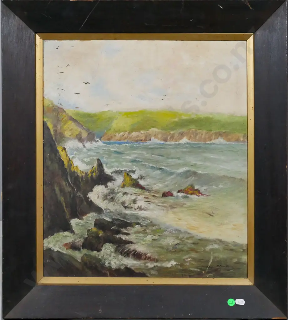 Gwen J Sinclair - framed oil - coastal scene (some scratching and age damage) H-450 W-390 Image 1++