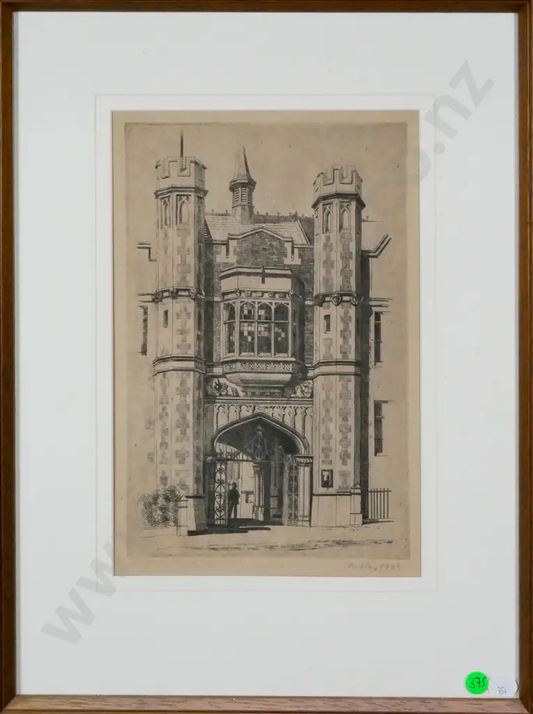 framed etching 1923 "Archway, University of Otago" H-260 W-170 Image 1++