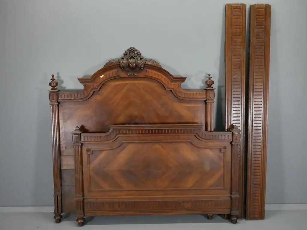antique walnut French style heavily carved double size bed ends & side rails - with quartered veneer H1550 W1400 Image 1++