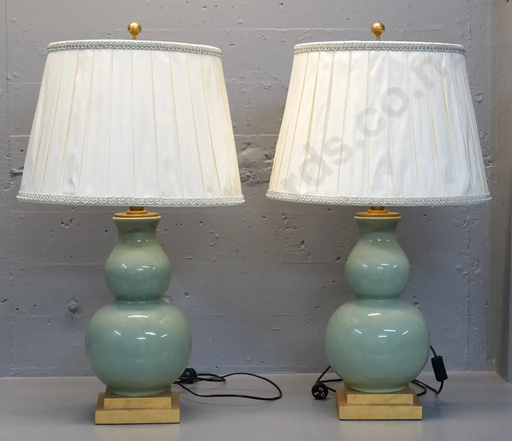 pair of large crackle-glaze porcelain table lamps on gilt finish composite base w/pleated shade H-900 Shade D-520 Image 1++